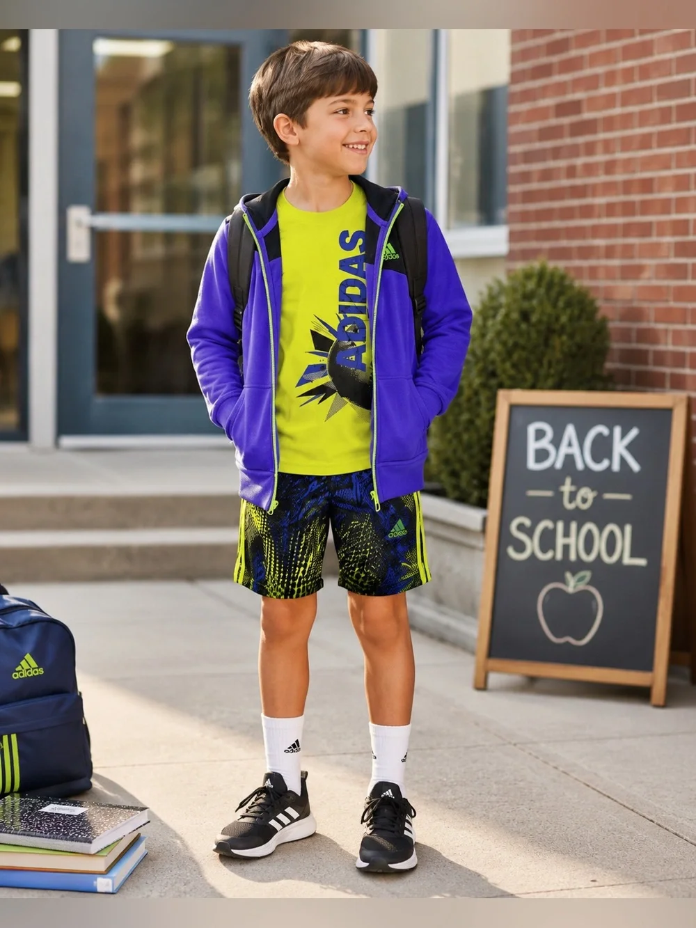 Adidas Boys Size 4/5 Bundle Hoodie Shirt Shorts Neon Athletic Set